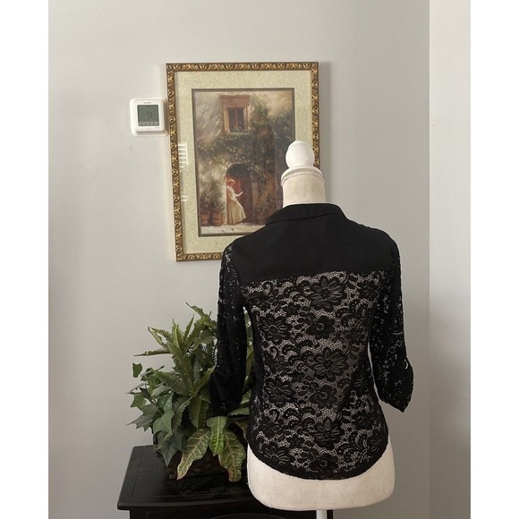 Women SM d.n.a. Couture Blouse 3/4 Tab Roll Sleeves Black Lace Open Front Button - Picture 3 of 8